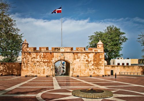 View of Ruins of Historic Colonial Era Fortress Wall (Puerta del Conde, Santo Domingo, Dominican Republic).